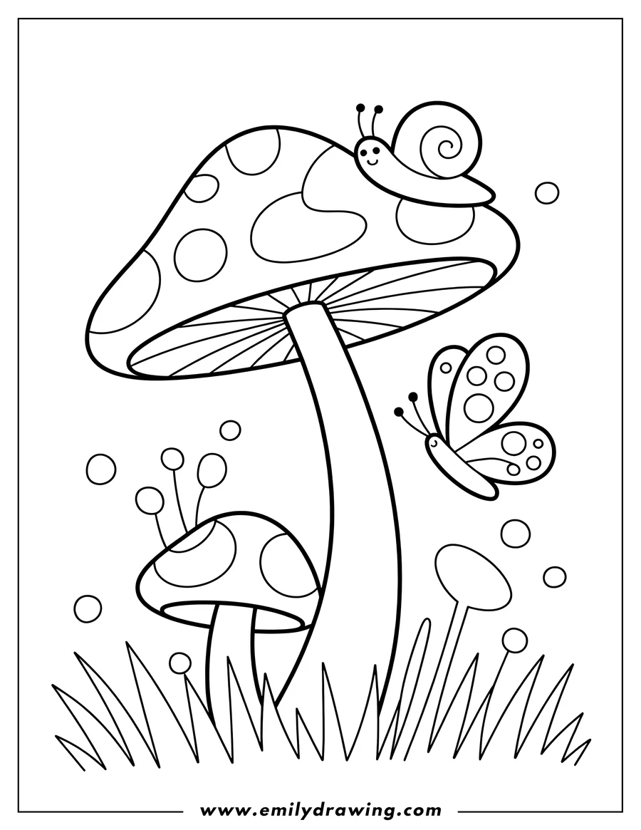 Outline of two mushrooms in the grass. A snail sits on the larger mushroom, and a butterfly flies nearby.