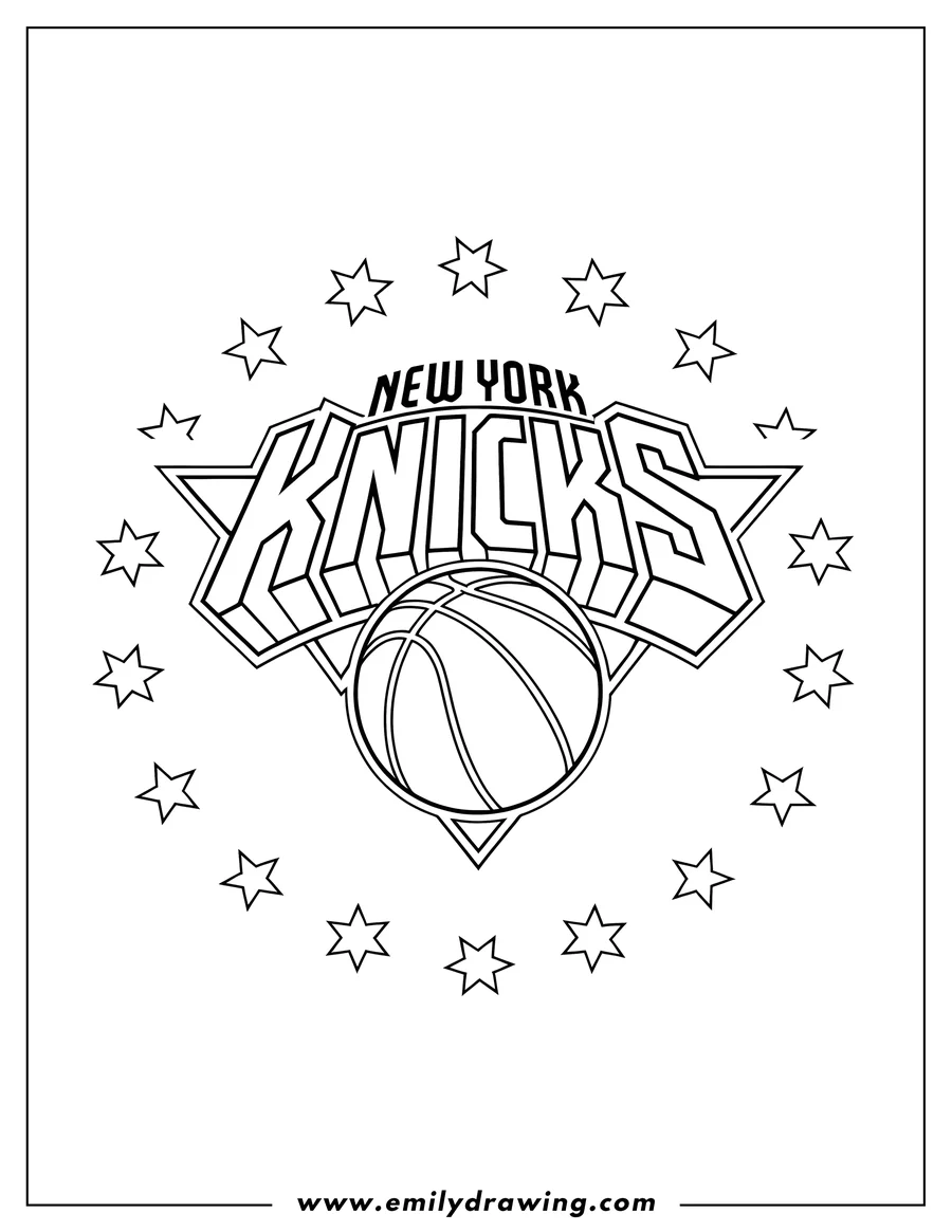 Line art of the New York Knicks logo featuring a basketball and the team name surrounded by stars.