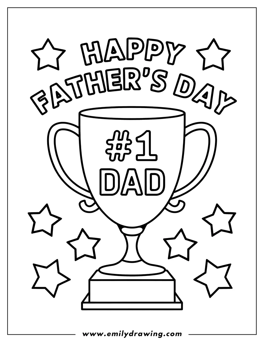Line art of a trophy with #1 Dad written on it, surrounded by stars, for Father's Day.