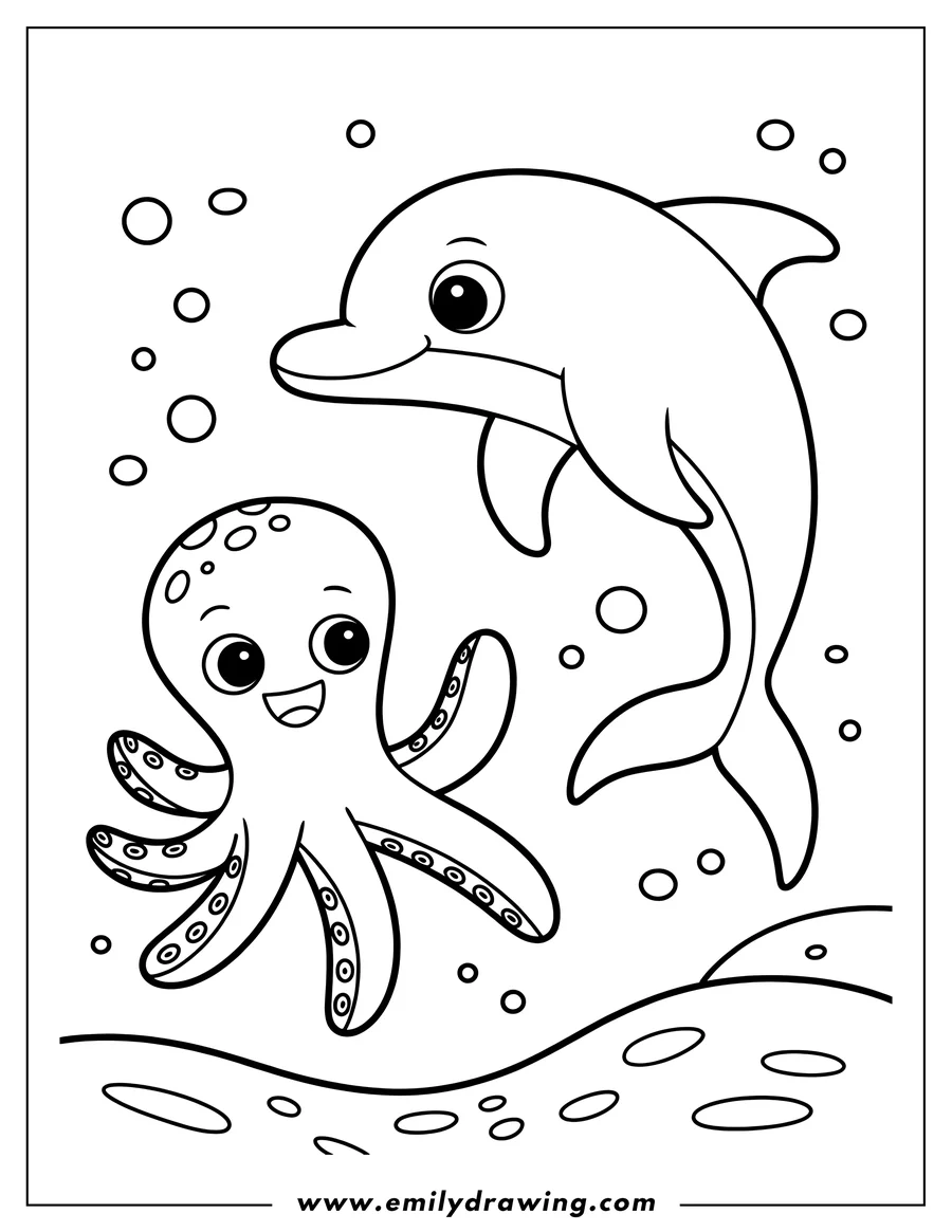 Line art of a smiling octopus and a friendly dolphin swimming in the ocean, surrounded by bubbles.