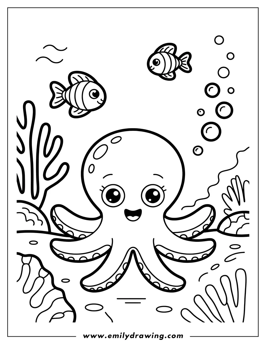 Line art of an octopus with two small fish, coral, and bubbles in the ocean.