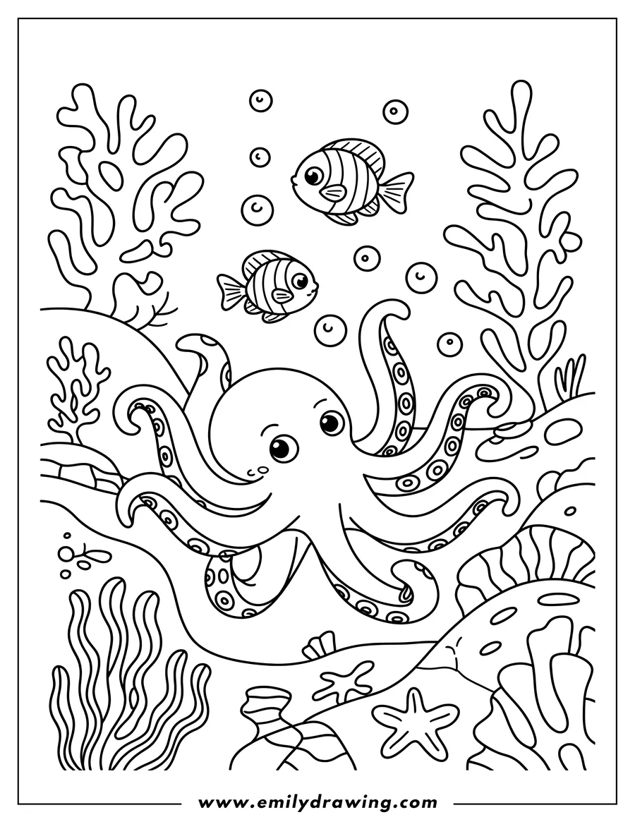 Line art of an octopus with two small fish swimming underwater amongst coral and seaweed.