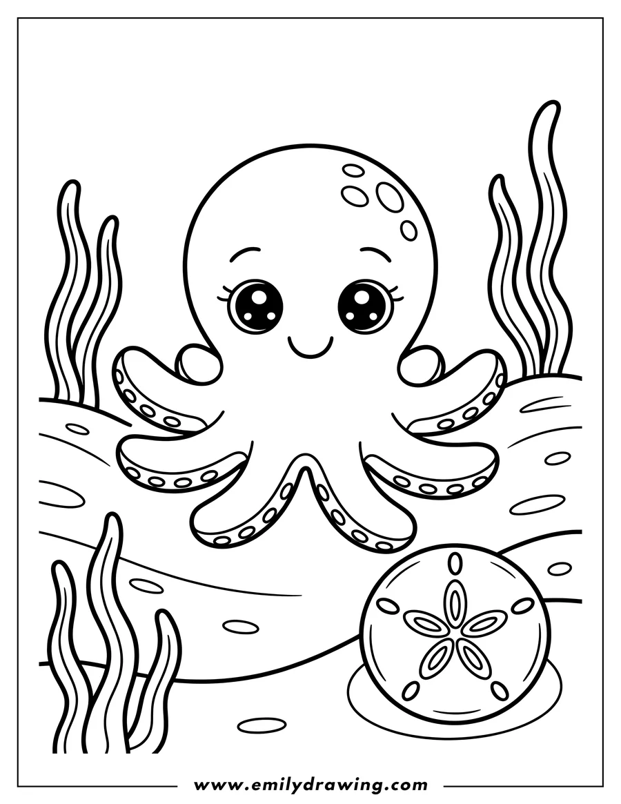 Outline of a cute octopus with a sand dollar on the ocean floor, surrounded by seaweed.