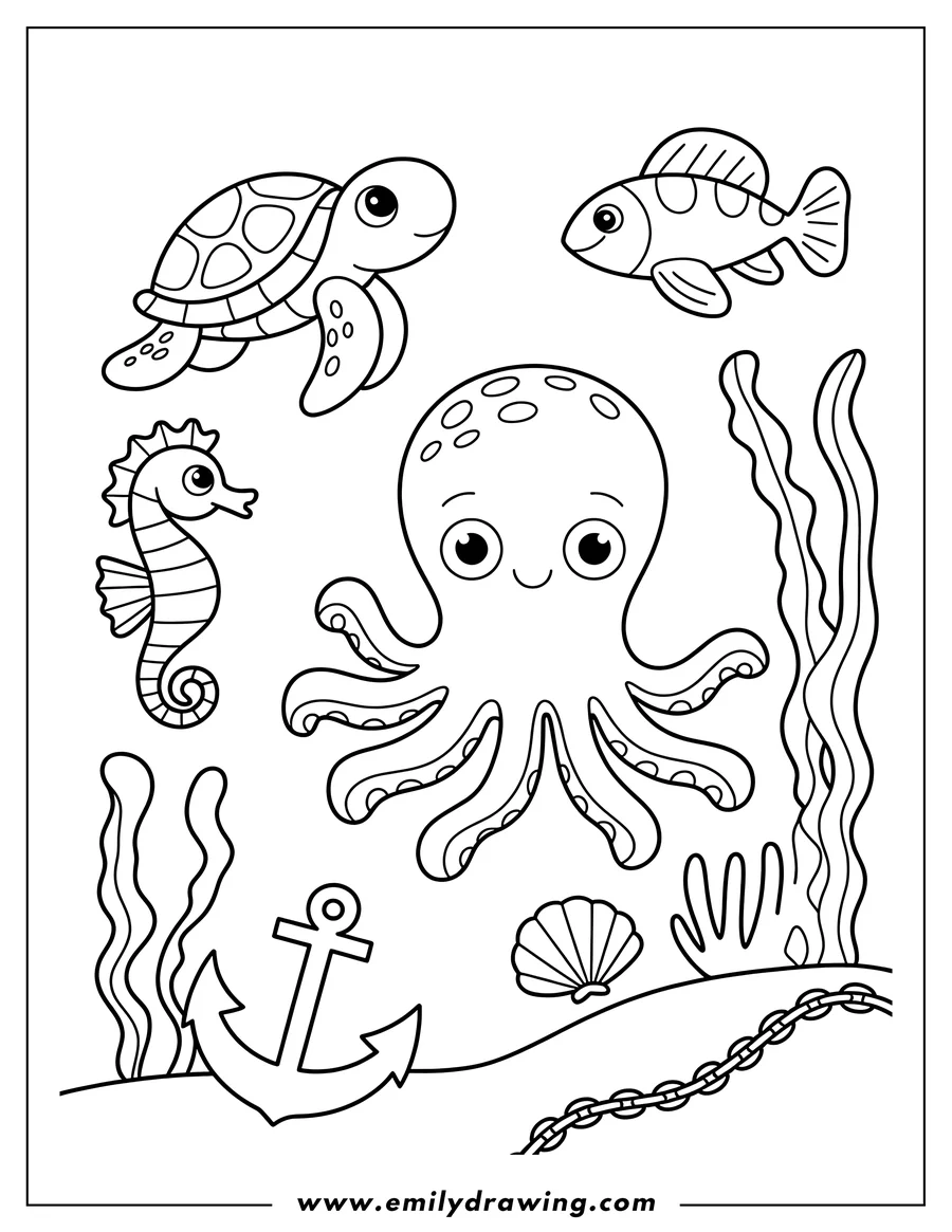 Line art of an octopus, sea turtle, fish, and seahorse with ocean-themed elements like seaweed, an anchor, and a seashell.