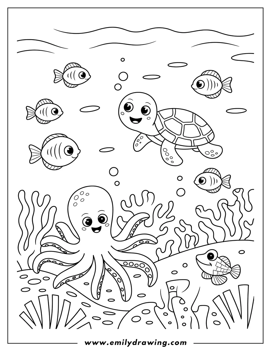 Outline of an octopus on the ocean floor with a sea turtle and several small fish swimming nearby. Bubbles float upwards towards the surface.