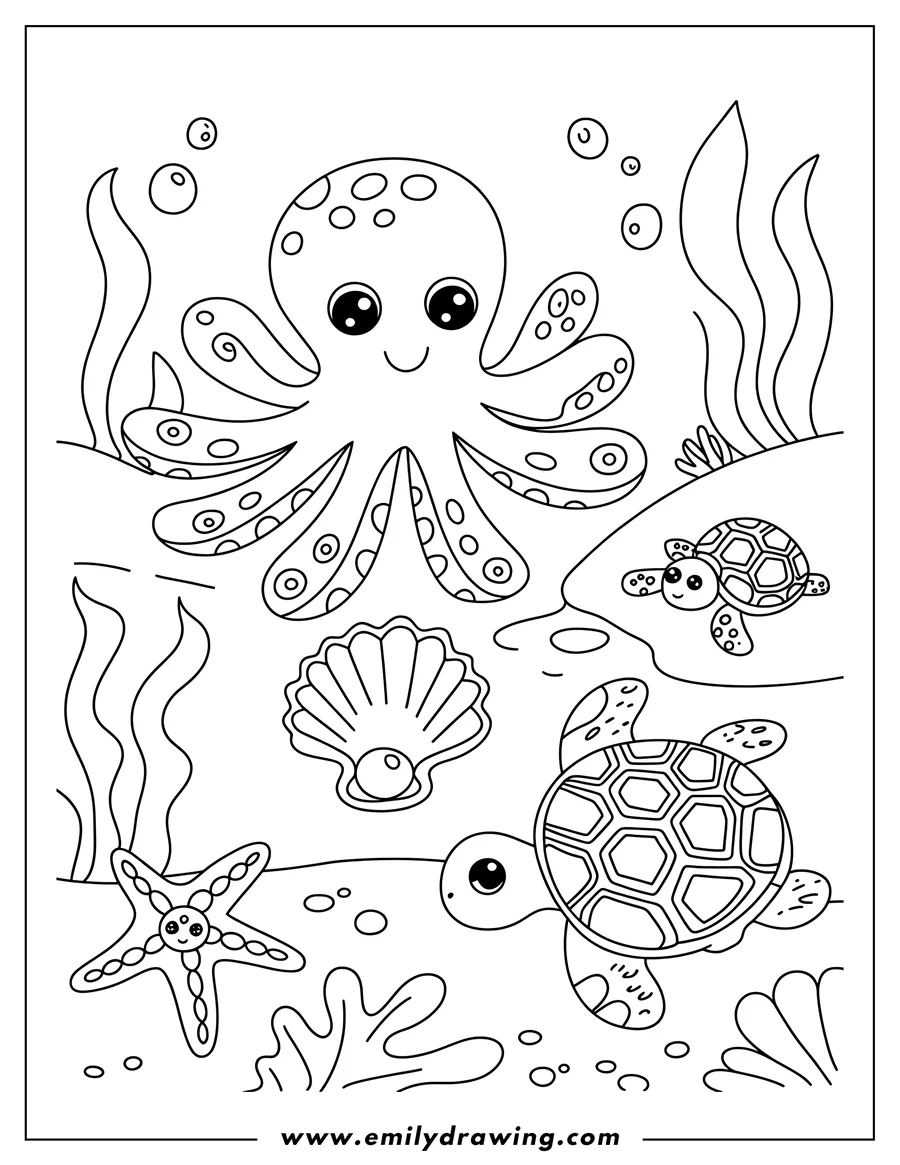 Line art of an octopus, two sea turtles, a starfish, a clam with a pearl, and seaweed in an underwater scene.
