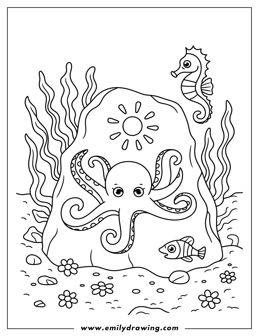 Line art of an octopus sitting by a large rock, a seahorse, a small fish, seaweed, and flowers on the seabed.