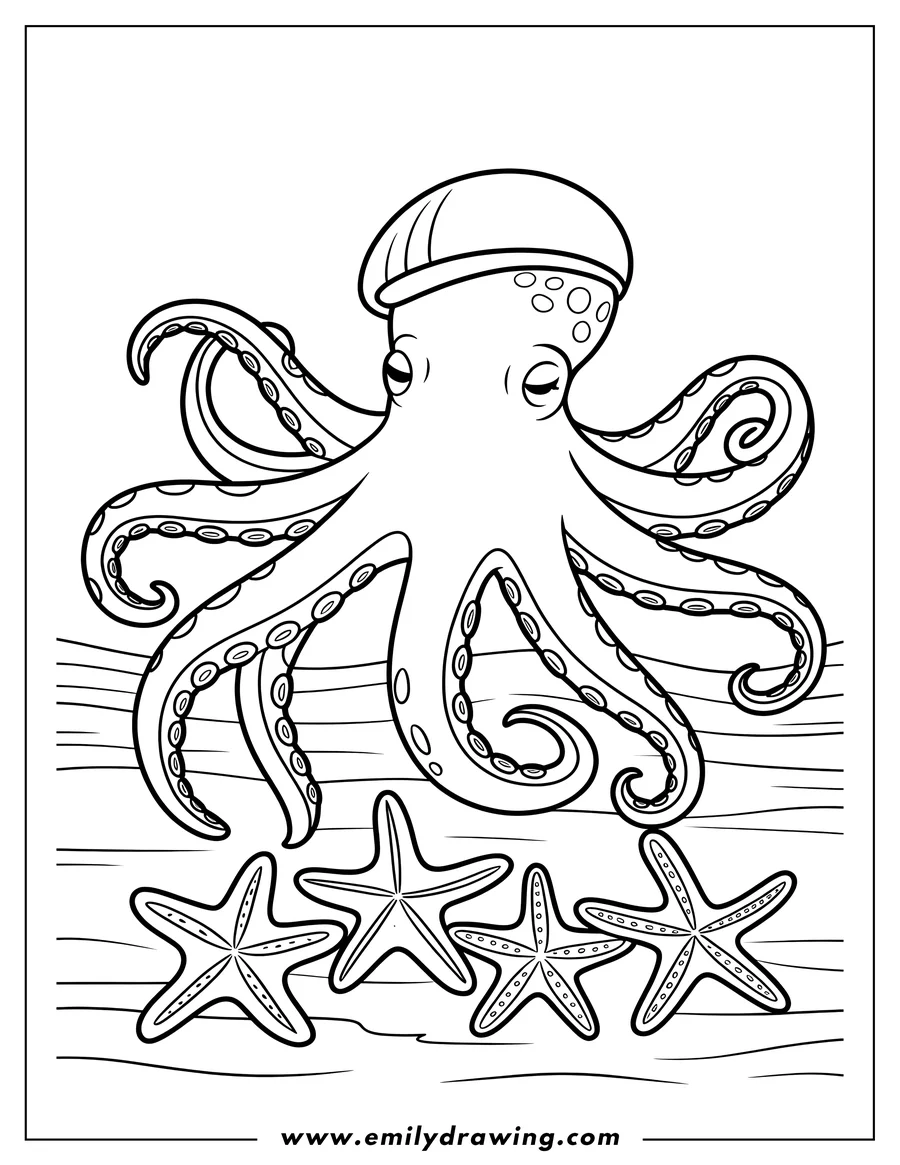 Outline of an octopus with starfish on the seafloor.