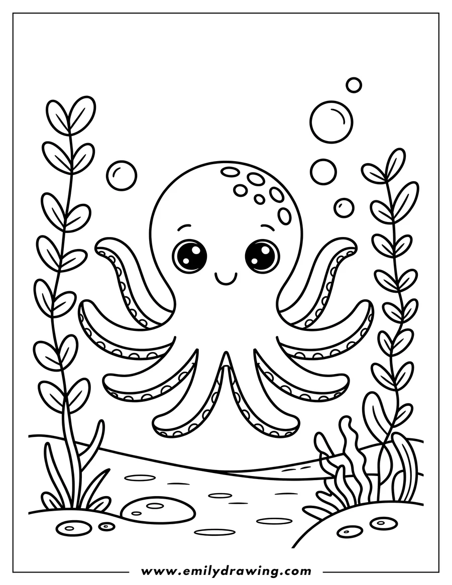 Outline of a cute octopus blowing bubbles underwater, surrounded by seaweed.
