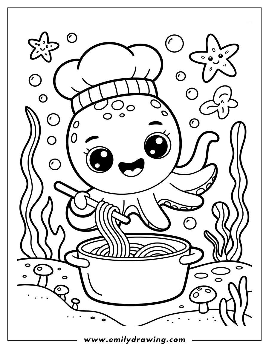 Line art of an octopus chef wearing a toque and cooking noodles underwater in a large pot, surrounded by seaweed, starfish, and small mushrooms on the seabed.