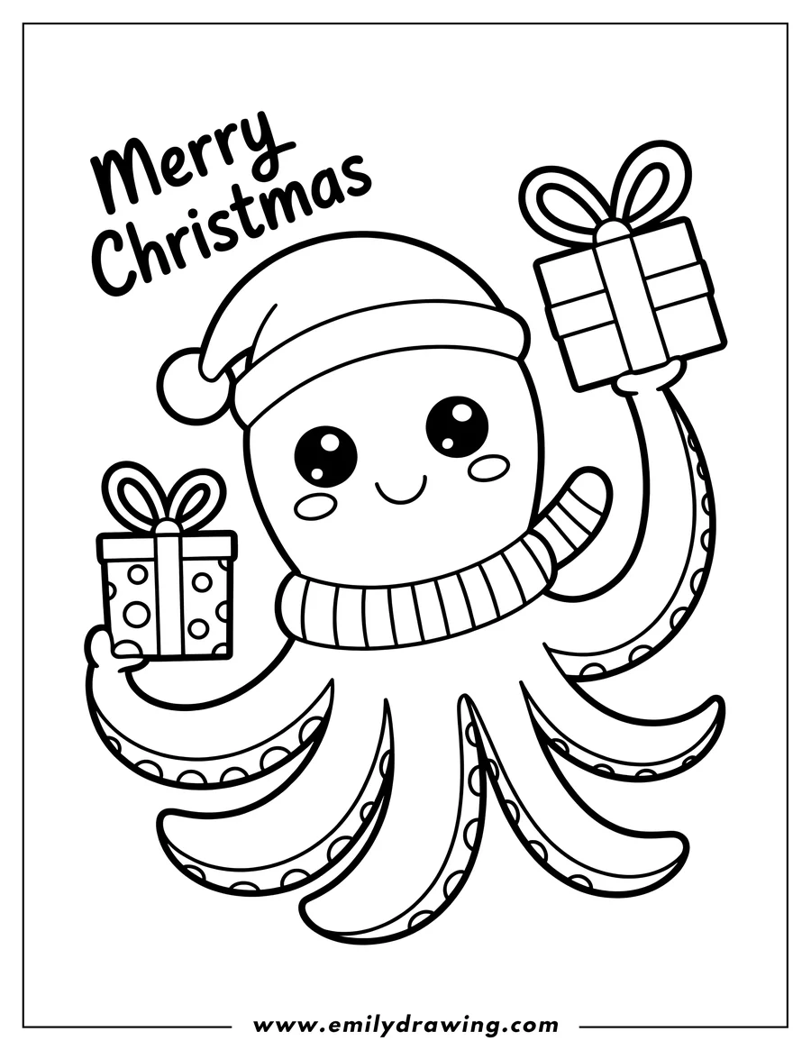 Outline of an octopus wearing a Santa hat and scarf, holding two Christmas presents.