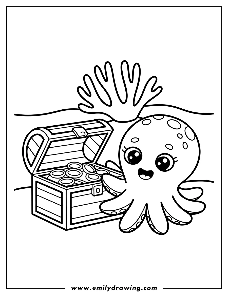 Outline of a cute octopus with a treasure chest full of gold coins on the ocean floor. A piece of coral is in the background.