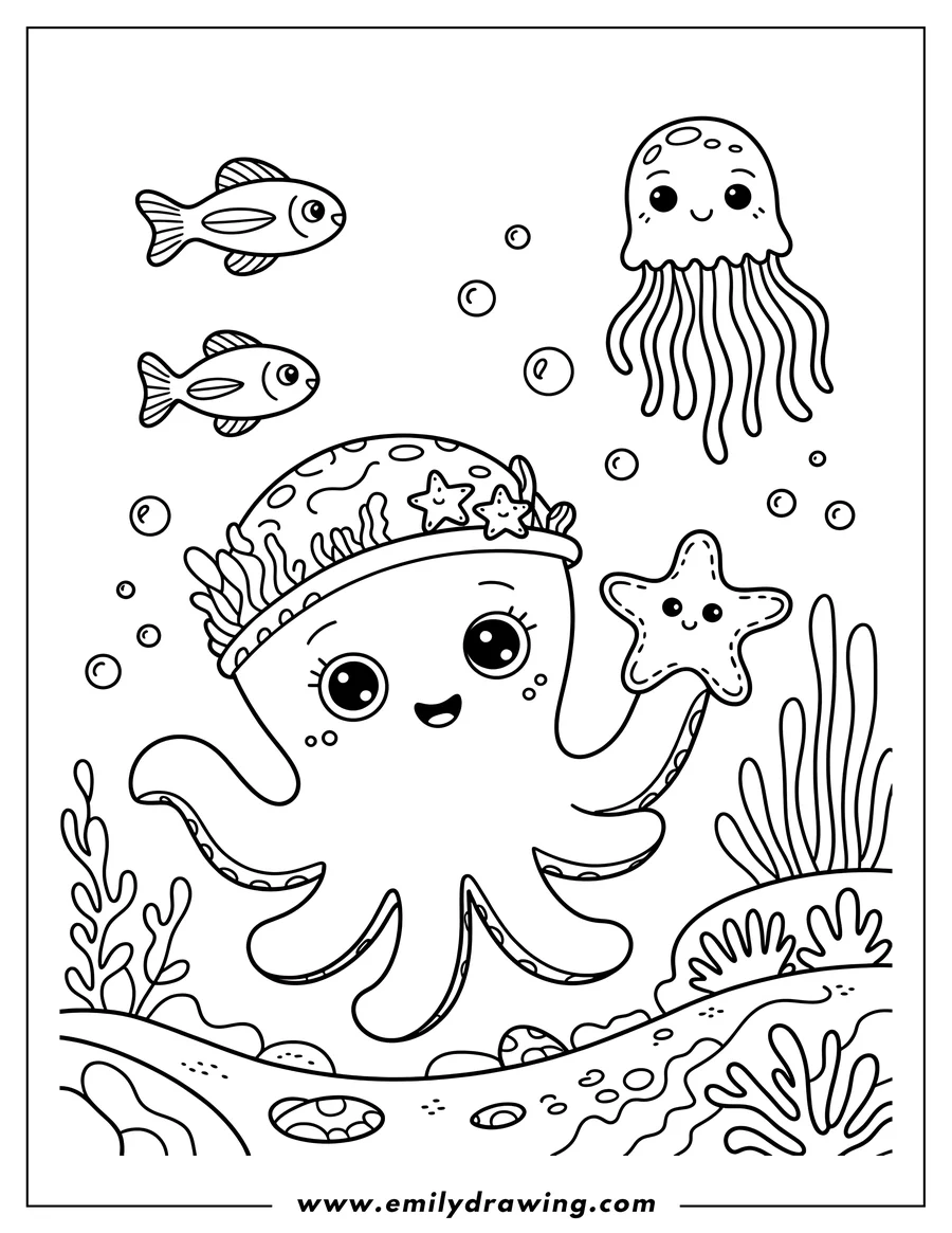 Outline of a cheerful octopus holding a starfish on the ocean floor. Two small fish and a jellyfish swim above, and seaweed and rocks decorate the seabed.