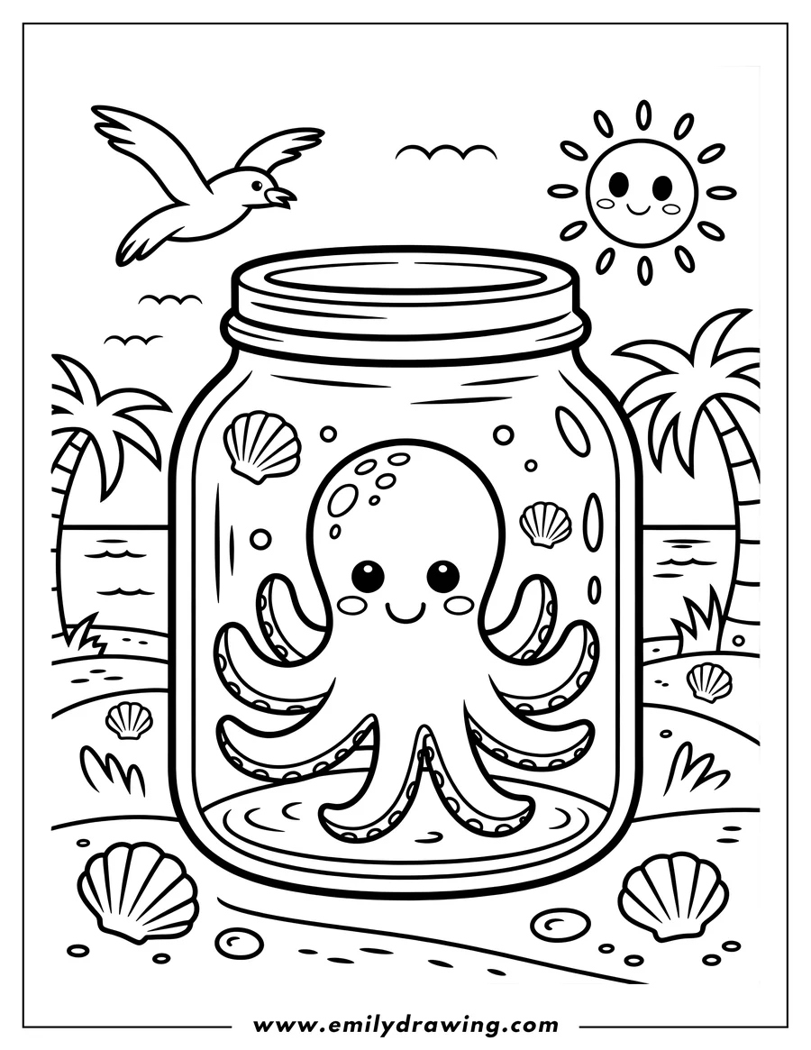 Outline of an octopus inside a jar on a sandy beach with seashells, palm trees, ocean waves, and a smiling sun.