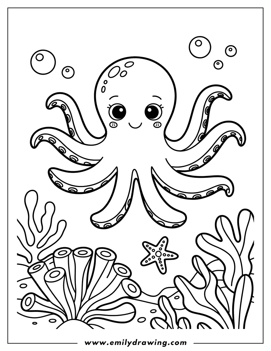 Outline of an octopus near coral reef and starfish. Perfect for a fun ocean-themed coloring activity.
