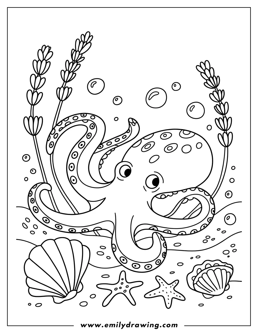 Line art of an octopus on the ocean floor with starfish and seashells, surrounded by bubbles.