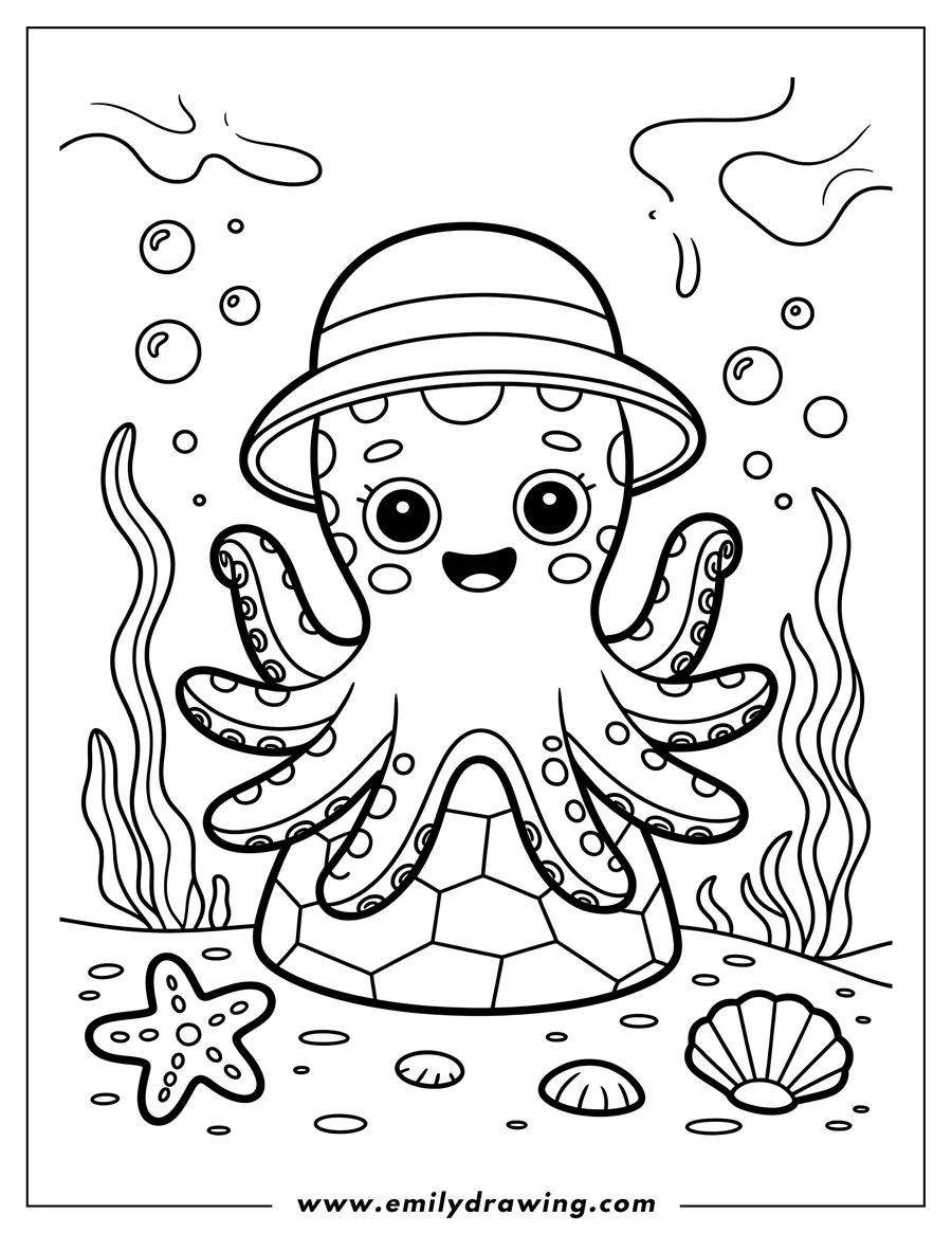 Outline of a smiling octopus wearing a hat and sitting on a turtle shell on the ocean floor. Seaweed, bubbles, a starfish, and seashells are visible around it.
