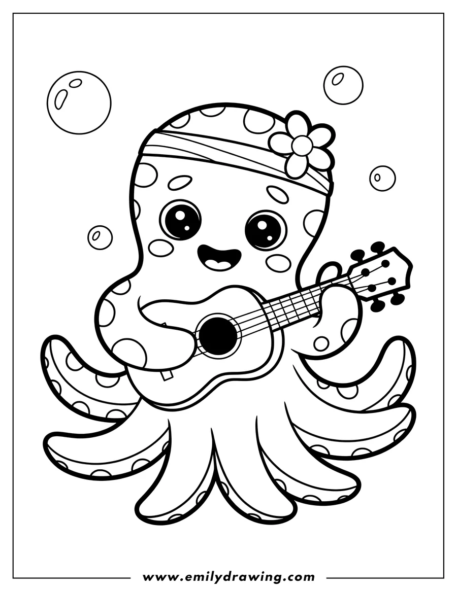 Outline of an octopus playing a ukulele with a flower in its hair.