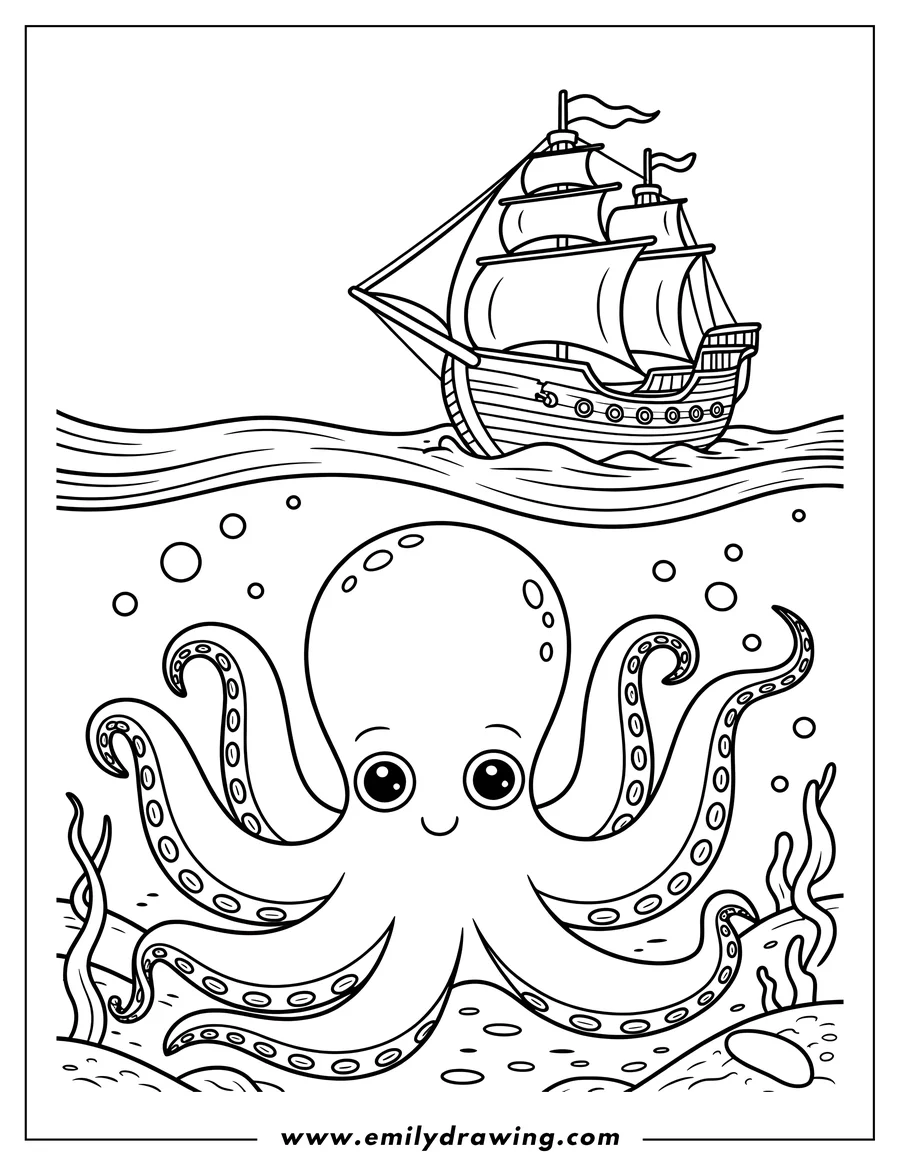 Line art of an octopus with patterned suction cups on its tentacles swimming beneath a pirate ship. Bubbles float around the octopus, and seaweed grows on the seabed below.