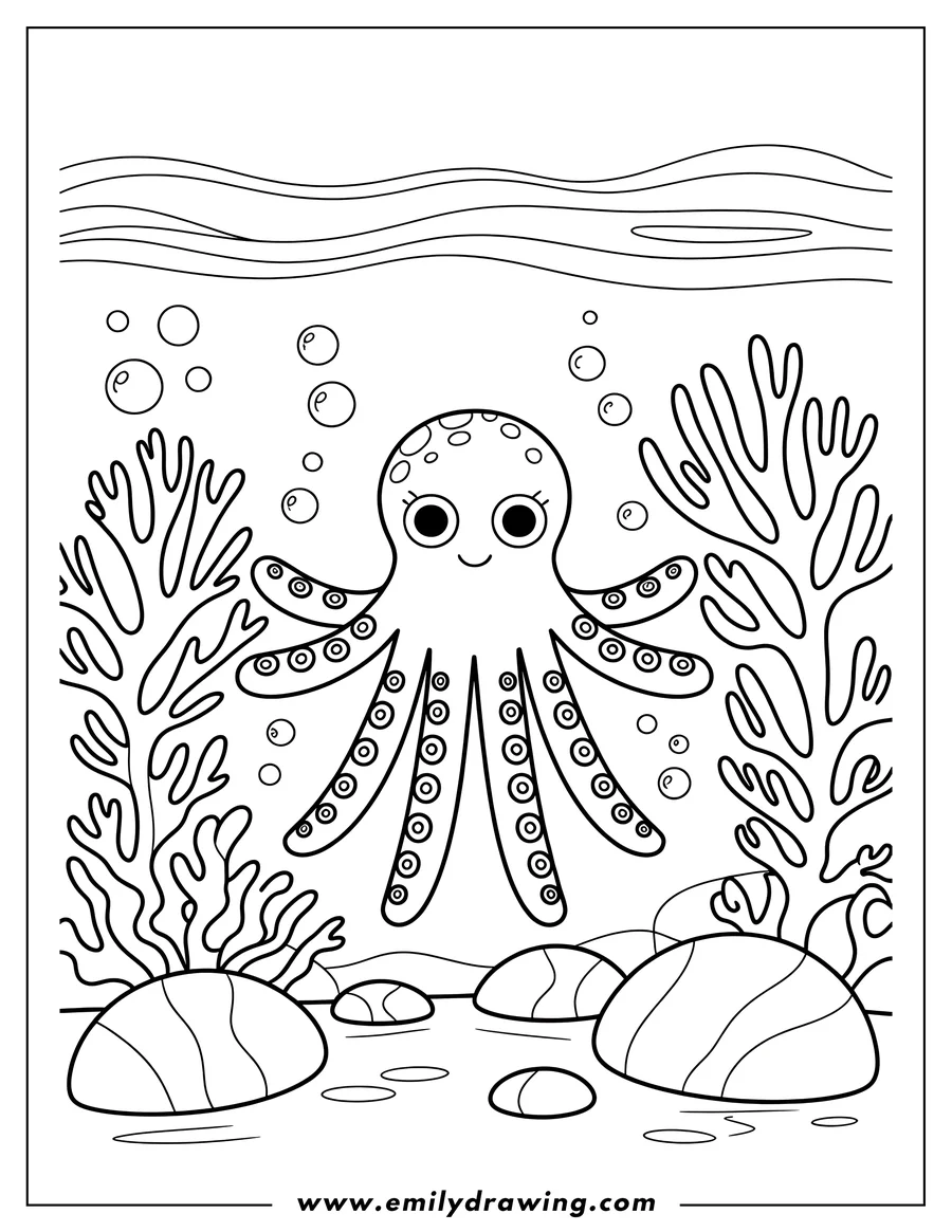 Outline of an octopus swimming underwater amongst rocks and seaweed.