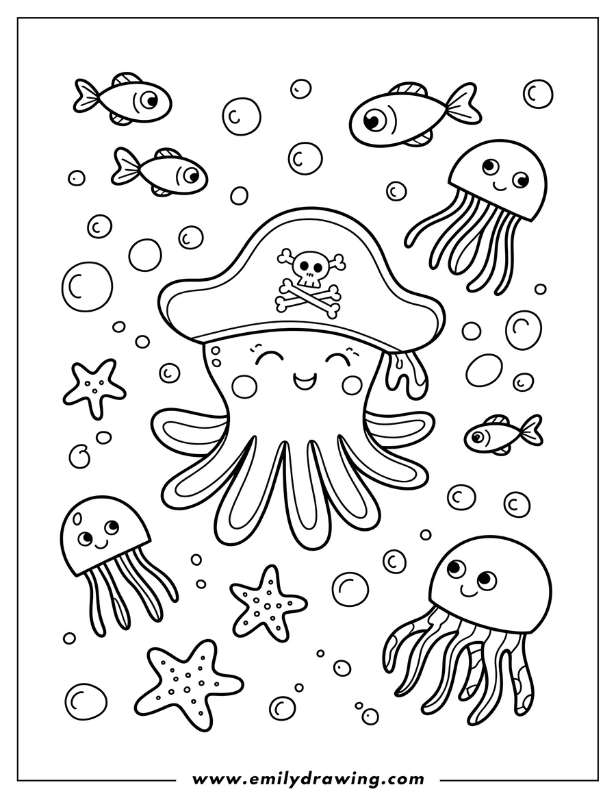 Outline of a smiling octopus wearing a pirate hat, surrounded by fish, jellyfish, and starfish.