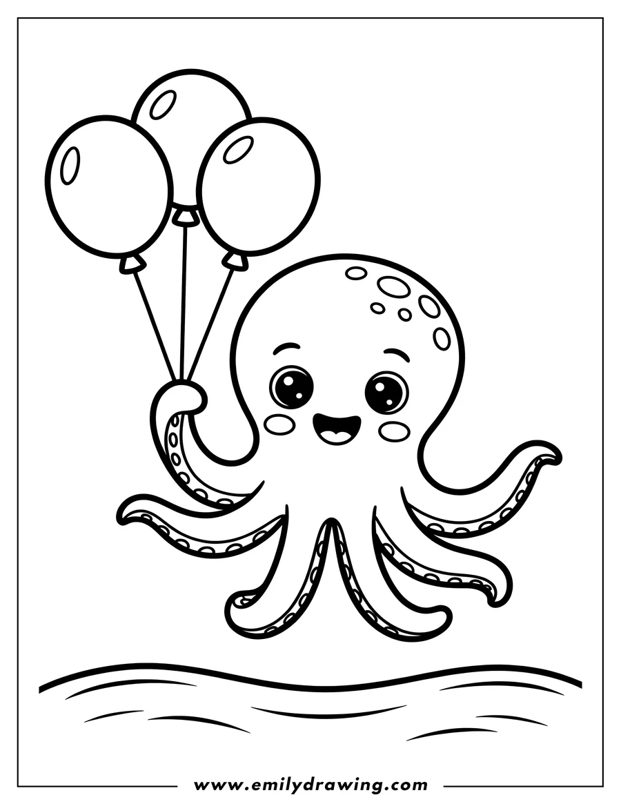 Outline of a happy octopus holding three balloons, floating above gentle waves.