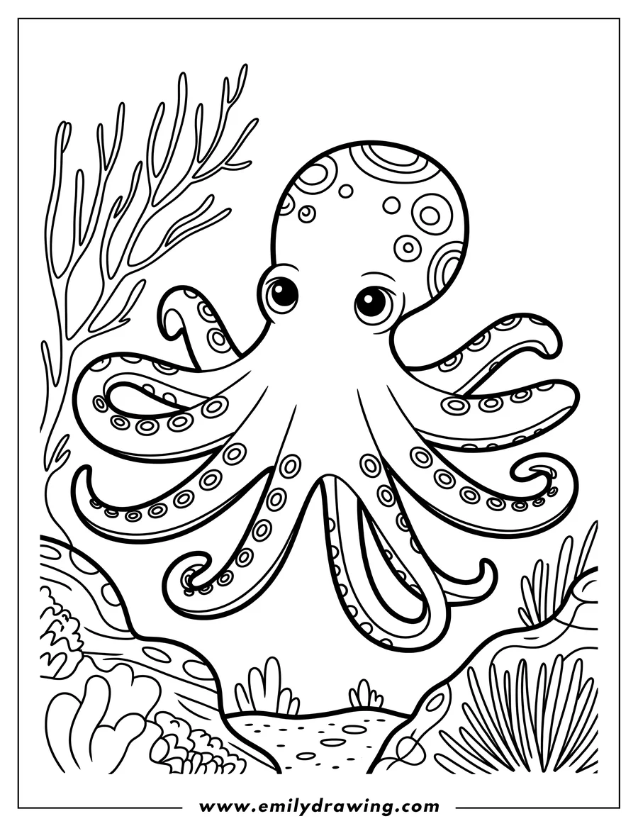 Line art of an octopus with large eyes and curly tentacles, floating above a seabed with coral and seaweed.