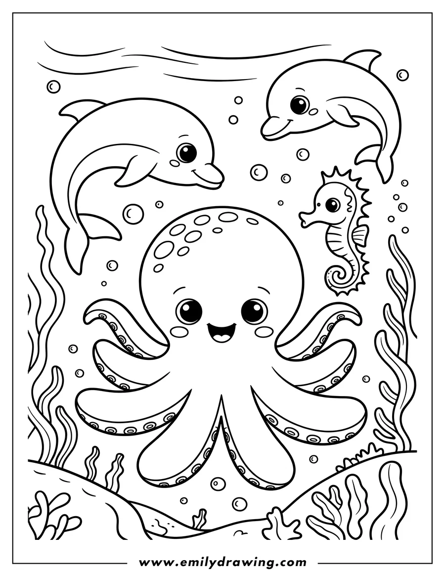 Line art of an octopus with two dolphins and a seahorse underwater, surrounded by seaweed and bubbles.