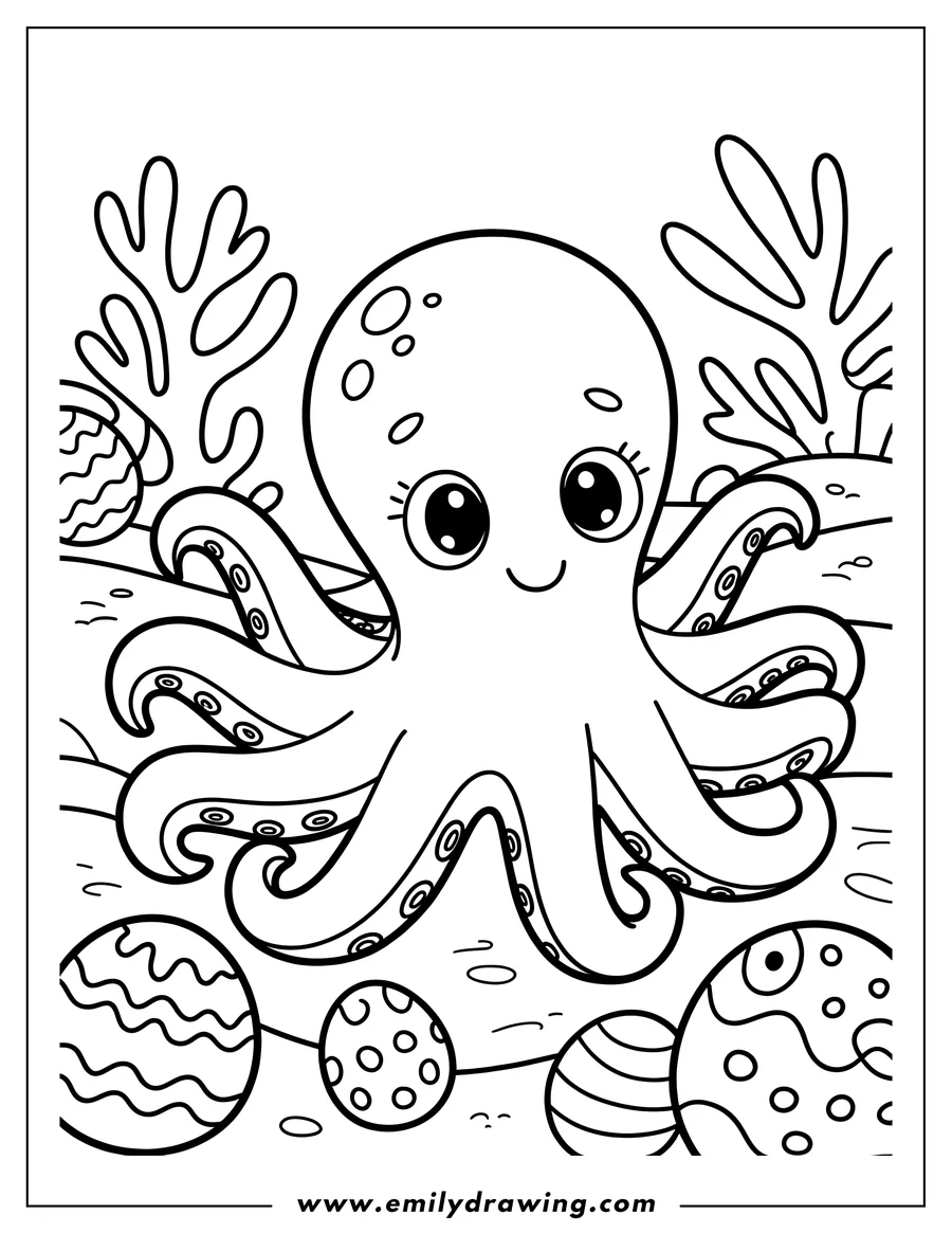 Outline of an octopus with large eyes, surrounded by decorated Easter eggs and coral on the seafloor.