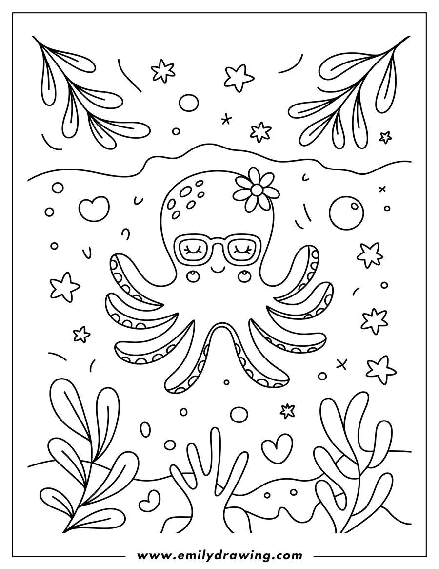 Outline of an octopus wearing glasses and a flower on its head, surrounded by decorative elements.