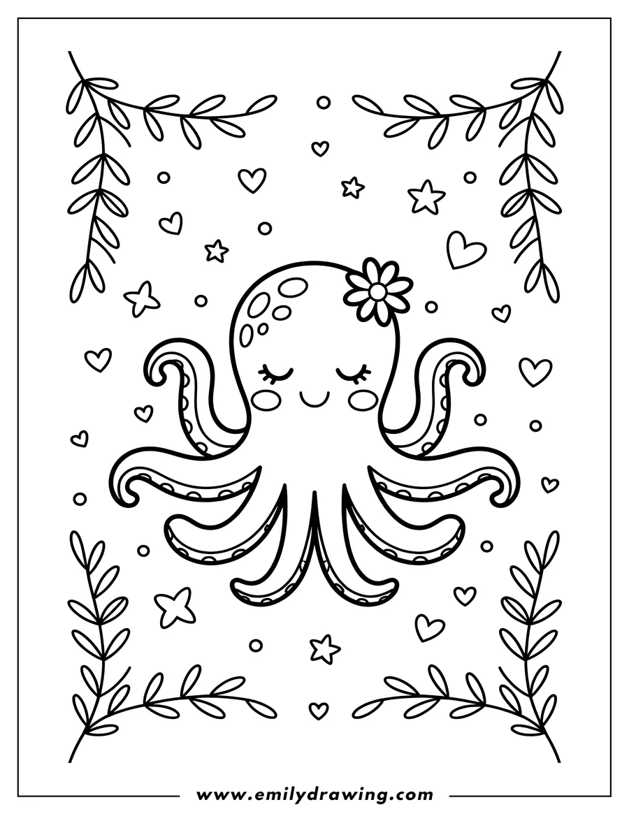 Outline of an octopus with a flower on its head, surrounded by hearts and stars. Perfect for coloring!