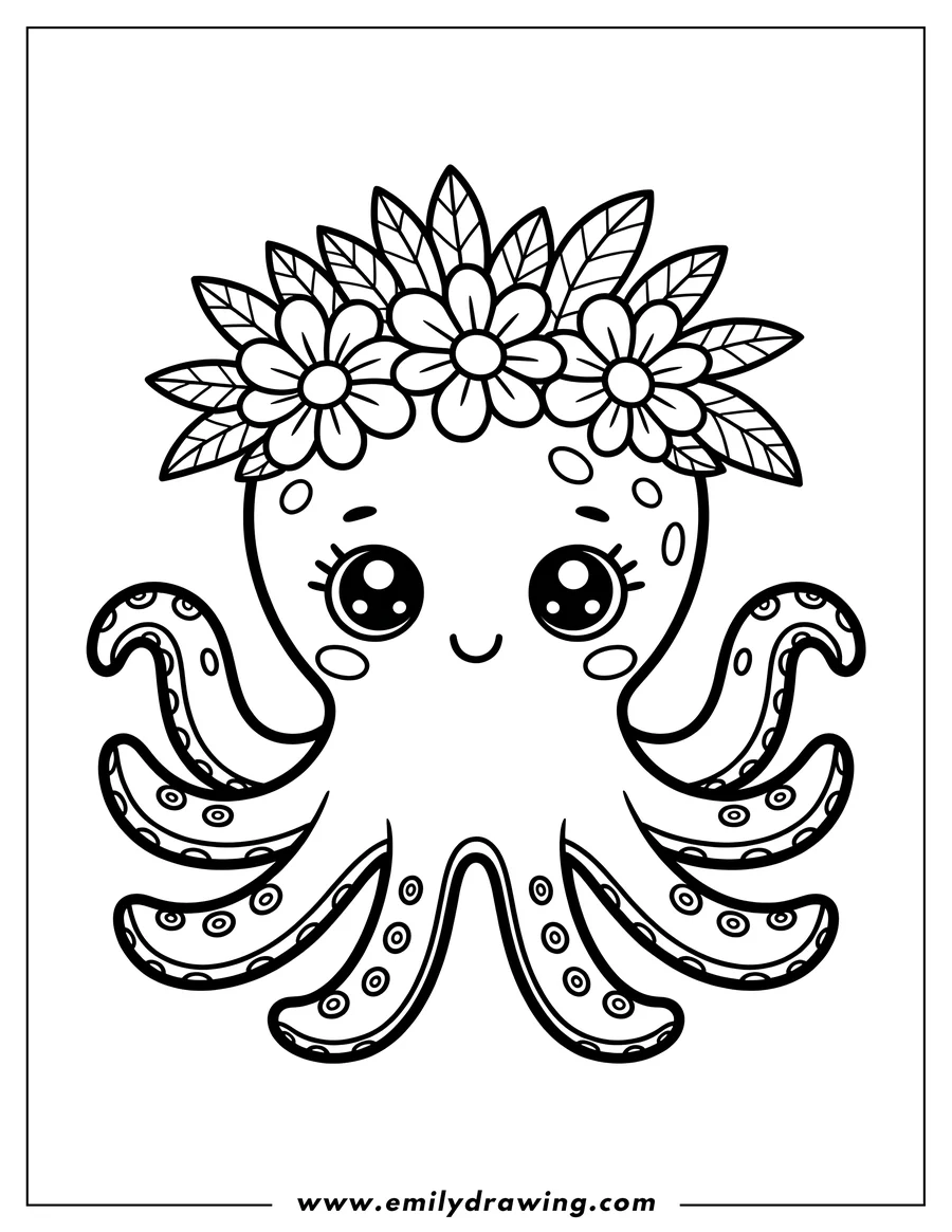 Outline of an octopus wearing a crown of flowers. It has large, expressive eyes and a gentle smile.