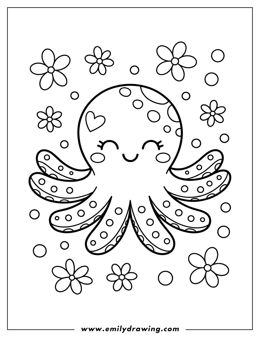 Line art of an octopus with flowers. The octopus has large eyes, a heart on its head, and is surrounded by simple flowers and bubbles.