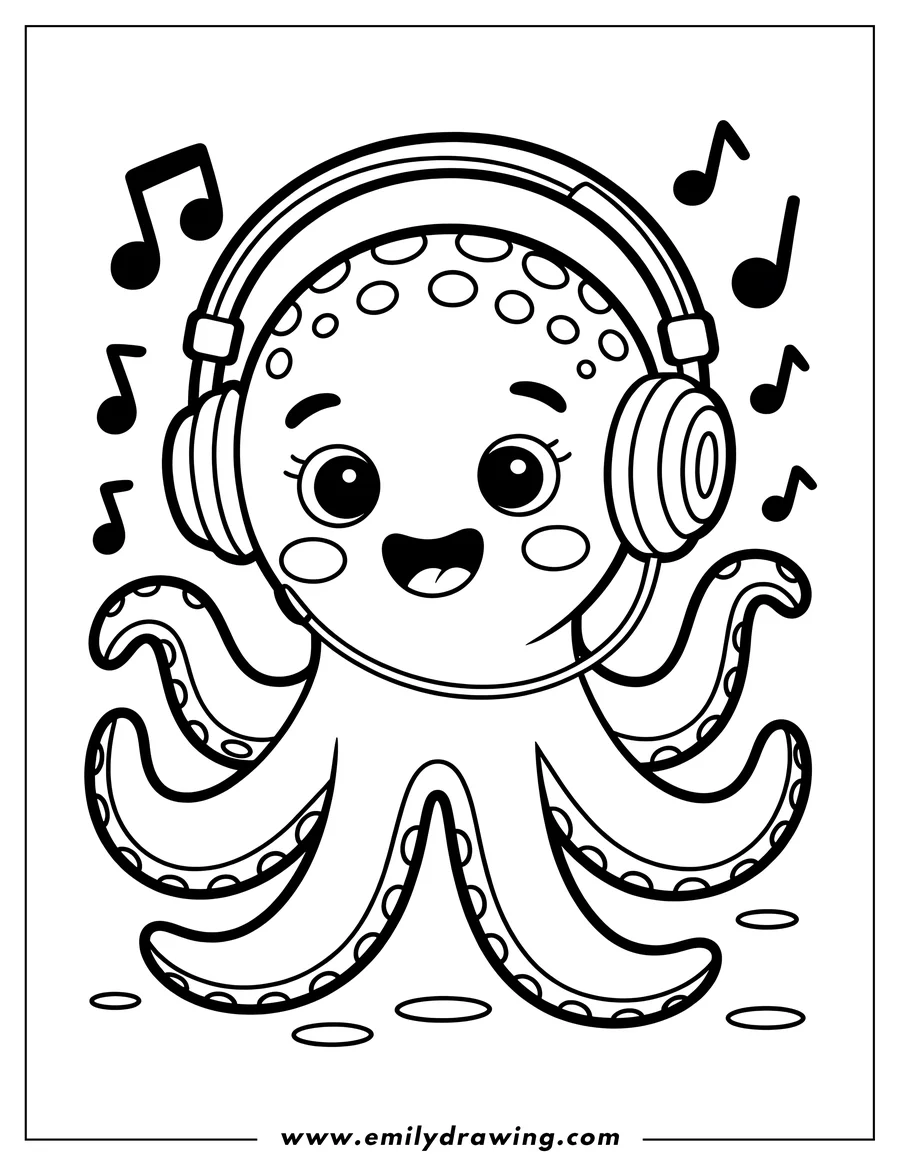 Line art of an octopus wearing headphones, with musical notes floating around.  It's smiling happily, ready for some coloring fun.