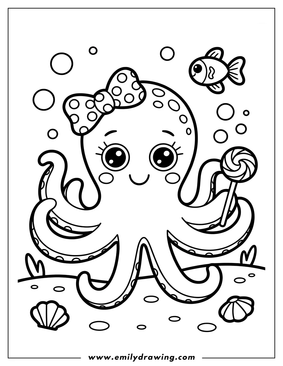 Outline of a cute octopus holding a lollipop on the seabed, with a small fish and seashells nearby.