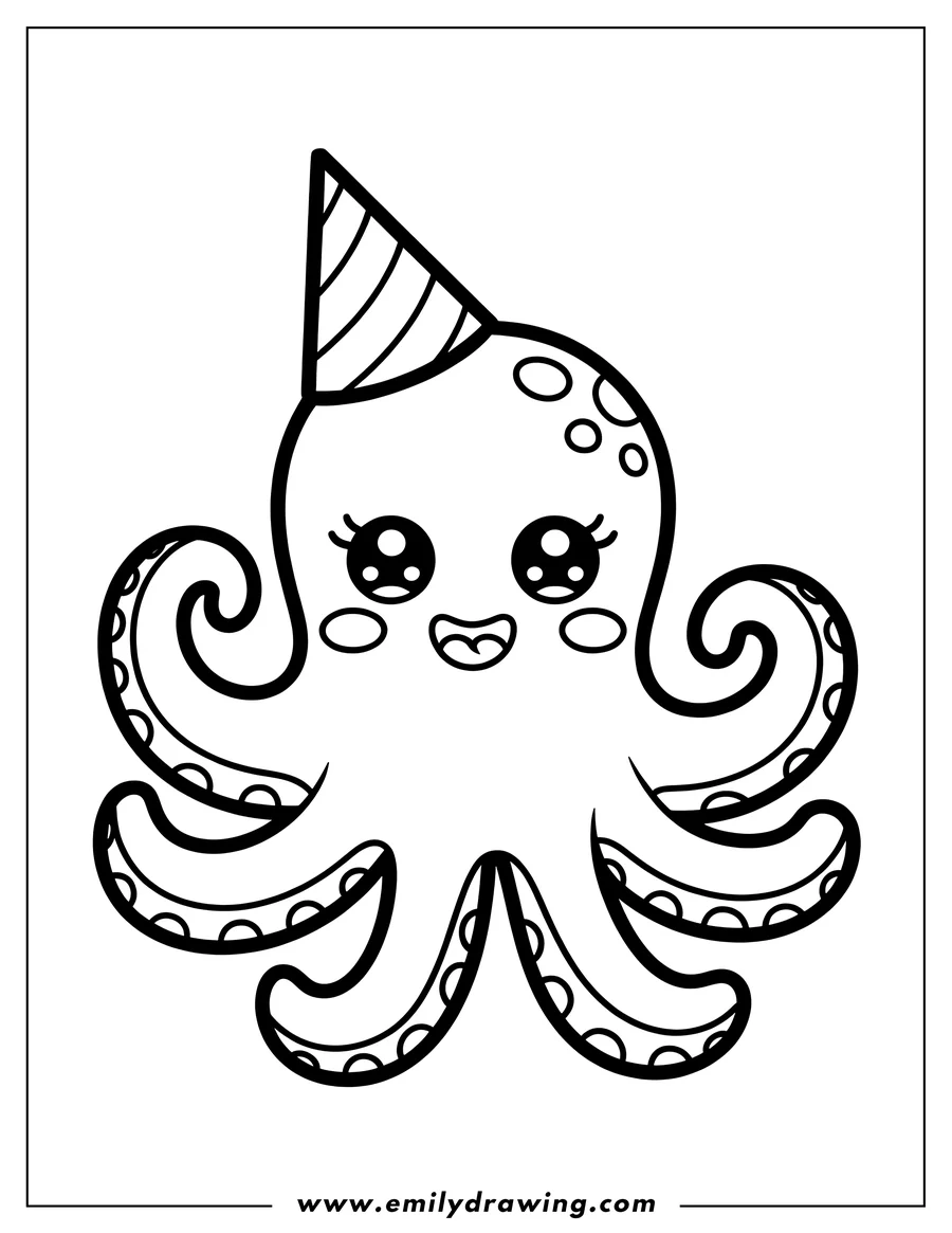 Line art of an octopus wearing a striped party hat and smiling. Its tentacles are curled and dotted with circles.