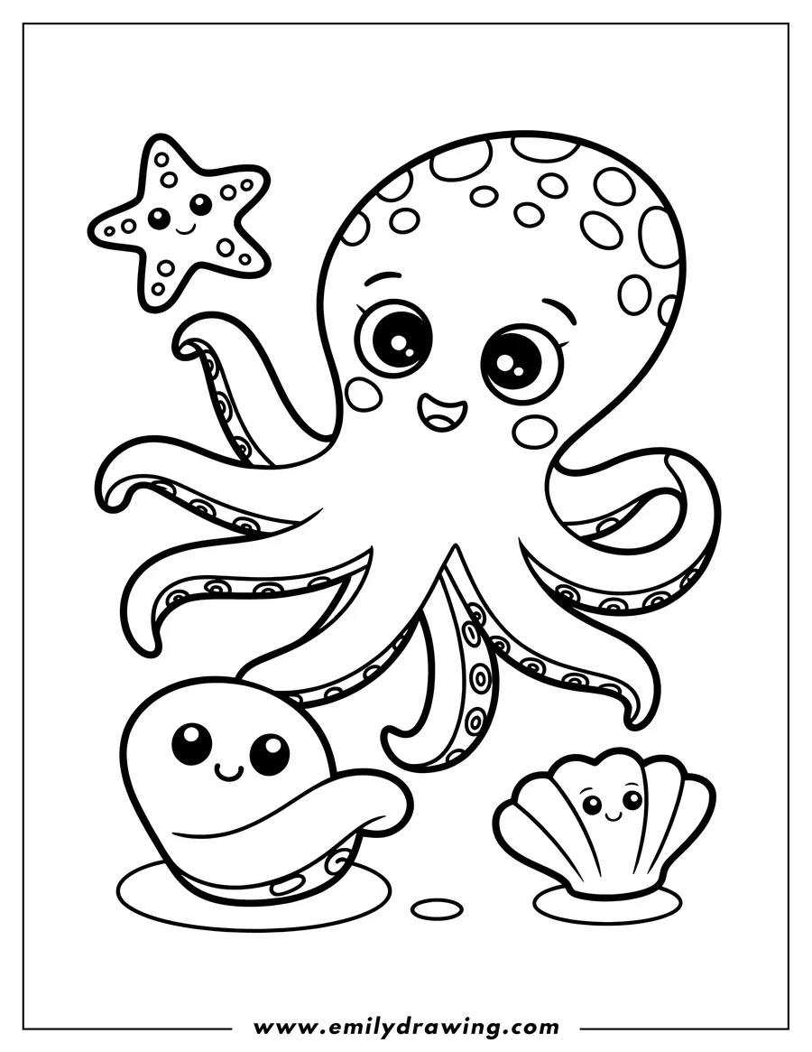 Outline of a cute octopus with curly tentacles, along with two friendly seashells and a smiling starfish.