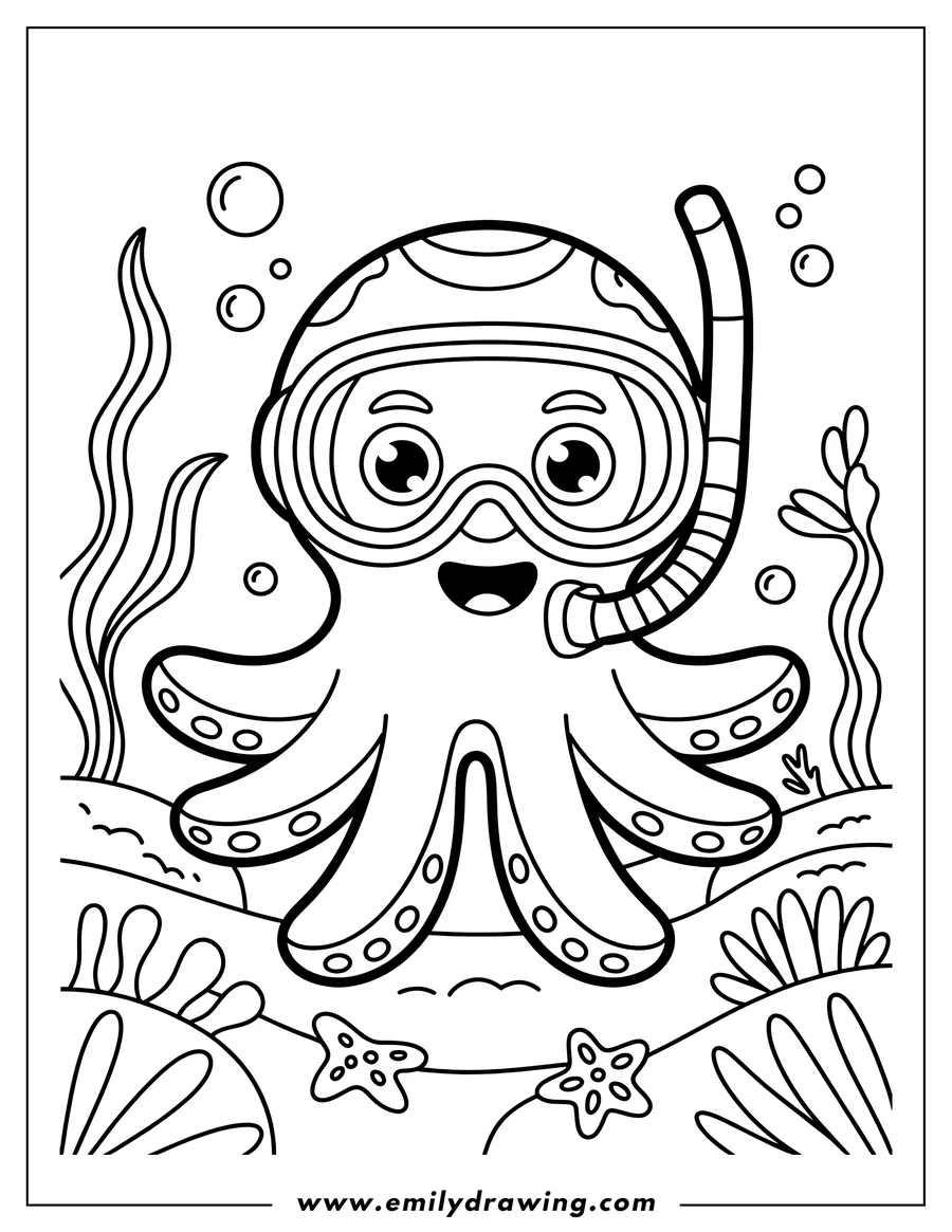 Outline of a smiling octopus wearing a diving mask and snorkel, ready for an underwater adventure. Starfish and seaweed decorate the ocean floor.