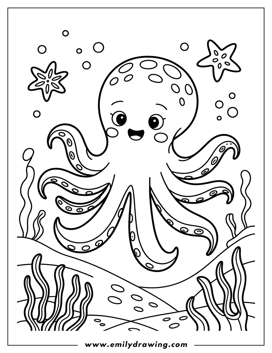 Line art of a cheerful octopus with a starfish and bubbles floating nearby, set against a backdrop of seaweed.
