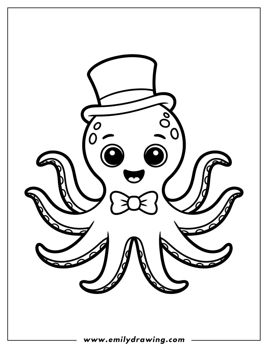 Outline of a smiling octopus wearing a top hat and a bow tie.