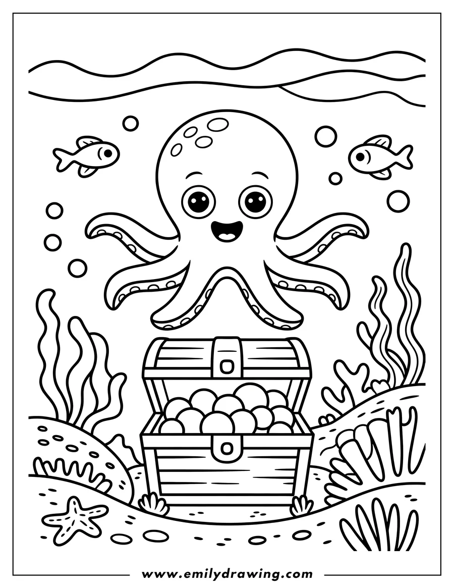 Line art of an octopus hovering over a treasure chest on the ocean floor. Two small fish swim near the surface. Seaweed and a starfish decorate the seabed.