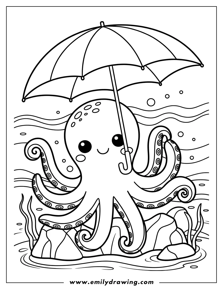 Line art of an octopus holding an umbrella while standing on rocks in the water.