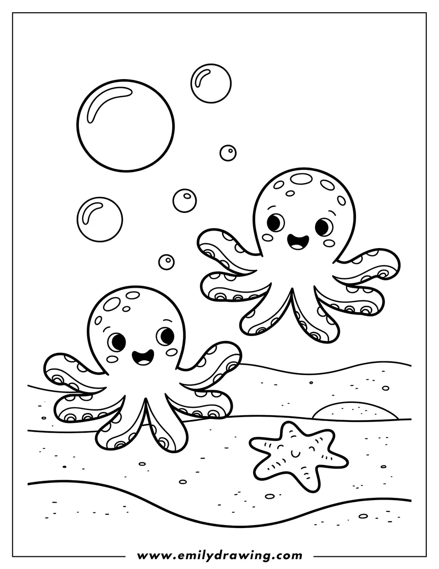 Two octopuses float near the sandy ocean floor, with a starfish below and bubbles floating around them.