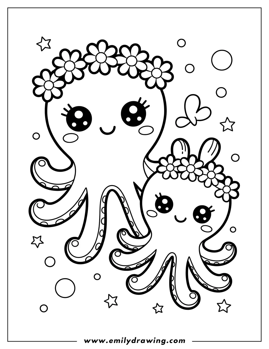 Two octopuses wearing flower crowns, surrounded by stars and bubbles.