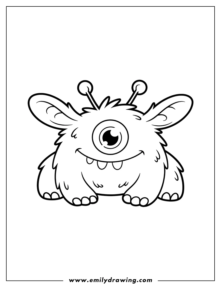 Line art of a friendly, furry monster with one large eye, two antennae, and a cheerful expression.