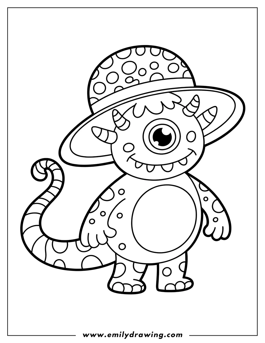 Line art of a friendly, one-eyed monster with a curly, striped tail, small horns, and a wide-brimmed spotted hat.