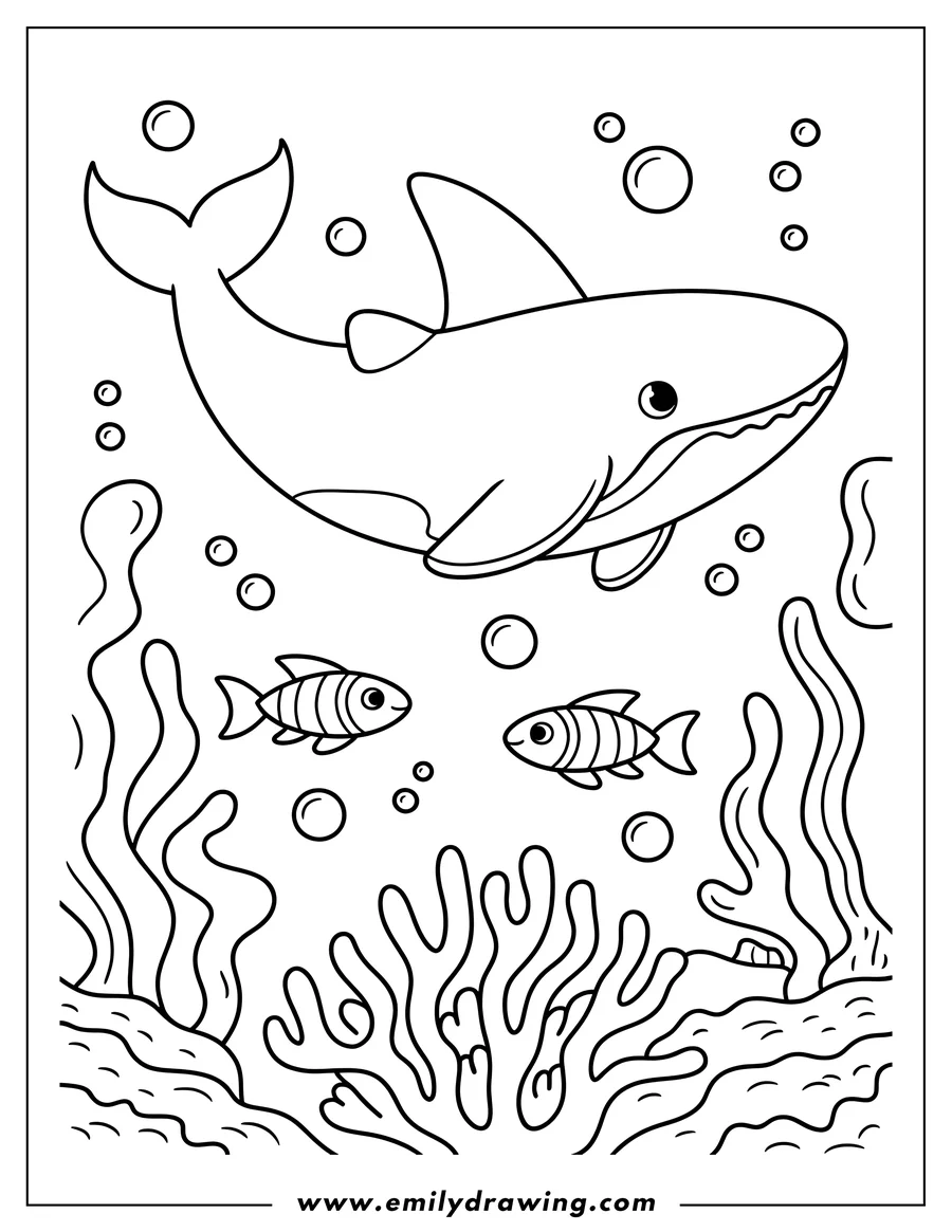 Outline of an orca swimming above two small fish and coral. Bubbles float around them.