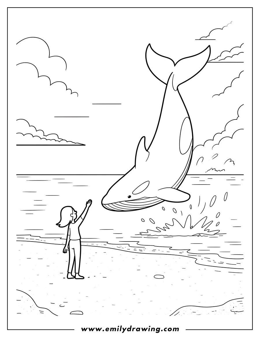 Line art of a girl on the beach waving to an orca whale jumping out of the water.