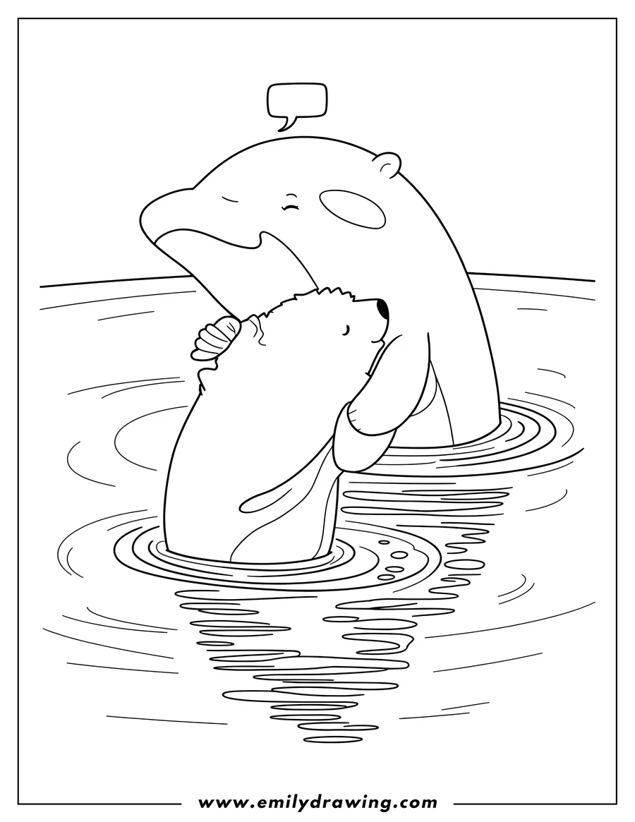 Line art of an orca whale hugging a polar bear in the water. The orca is holding the polar bear, and there's a speech bubble above the orca's head.