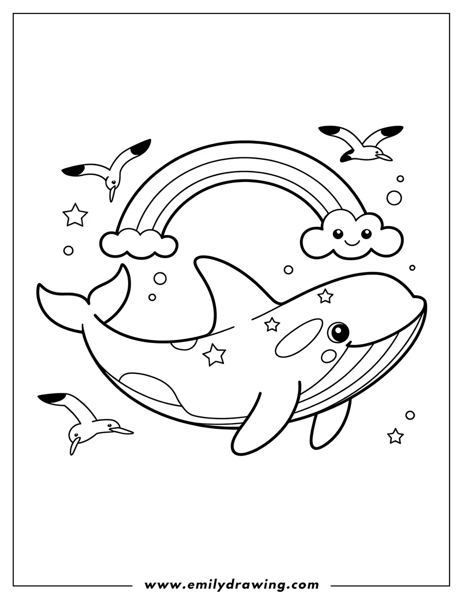 Outline of an orca whale swimming beneath a rainbow, with seagulls flying nearby and decorative stars and bubbles scattered around.